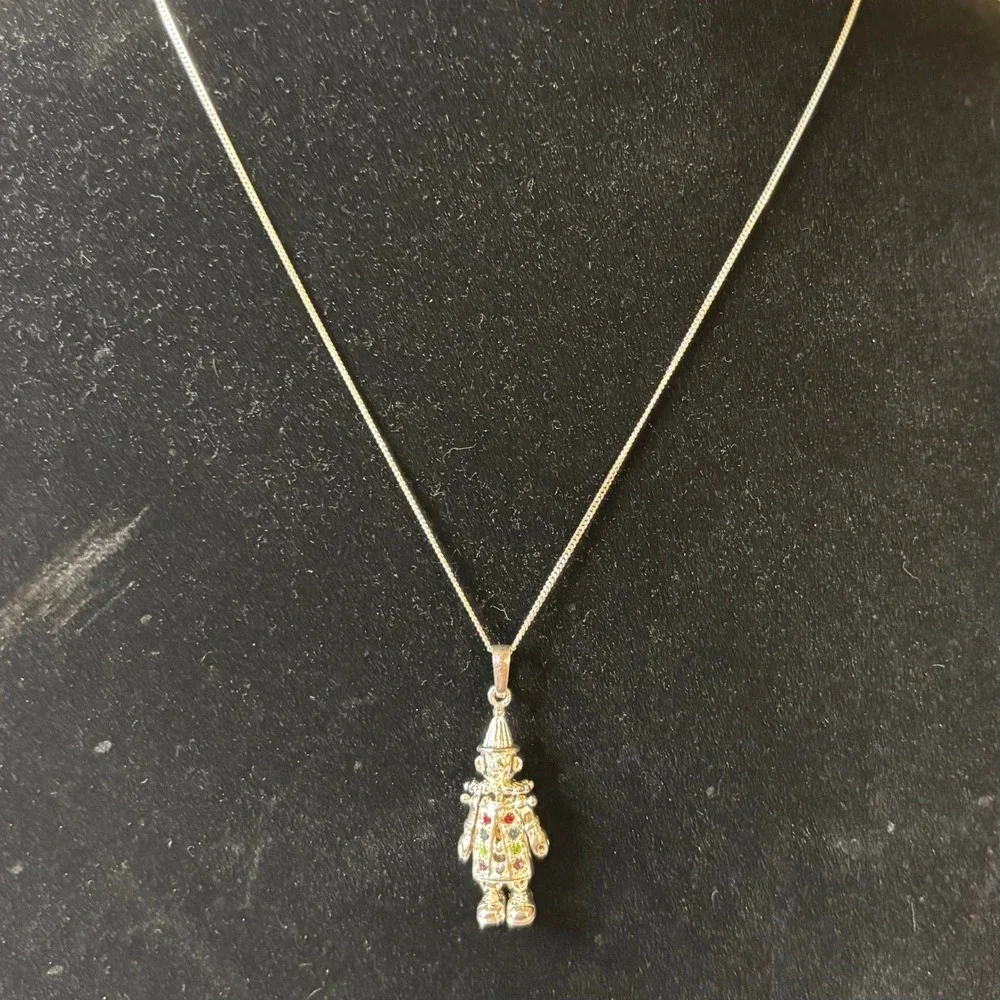 Rare VTG Articulated Clown Pendant Necklace 925 Silver Multi Jewels 6g Kidcore‎
